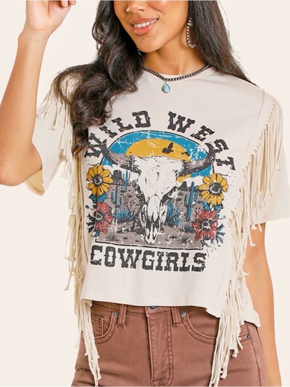 Rock & Roll Cowgirl Cream Fringe Graphic Tee with Blue and Yellow Accents
